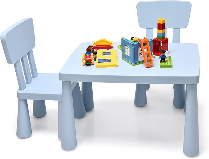 HONEY JOY Kids Table and Chair Set, Plastic Children Activity Table and 2 Chairs for Art Craft, Easy-Clean Tabletop, 3-Piece Toddler Furniture Set for Daycare Playroom, Gift for Boys Girls(Blue)