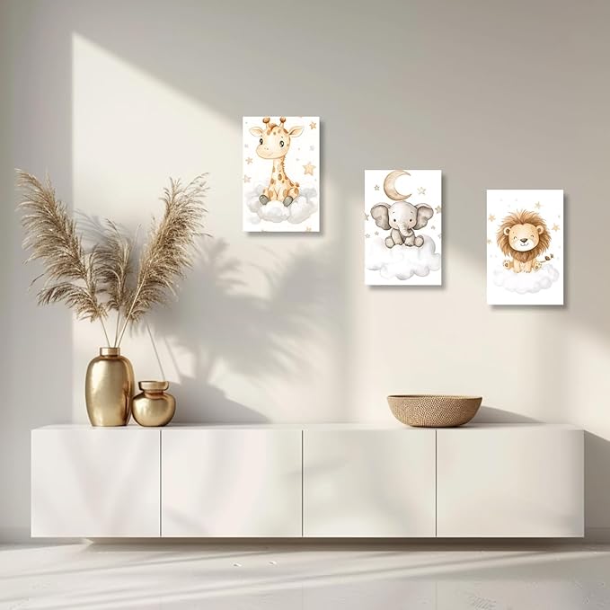 DOARTDO Nursery Animal Canvas Wall Art Baby Animal Pictures 3 Pieces Cute Elephant Lion Giraffe Print Painting Kids Room Nursery Decor Frame (16x24inchx3Pcs)