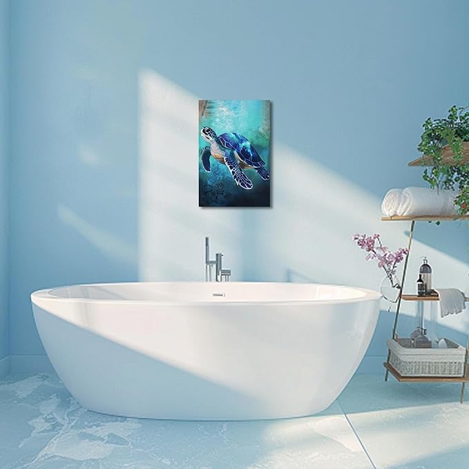 AWPANERAR Sea Turtle Wall Art Bathroom Pictures Watercolor Sea Life Canvas Prints Ocean Animal Poster Nautical Theme Artwork for Kids Room Nursery Decor Framed (Blue, (24L x 16W))