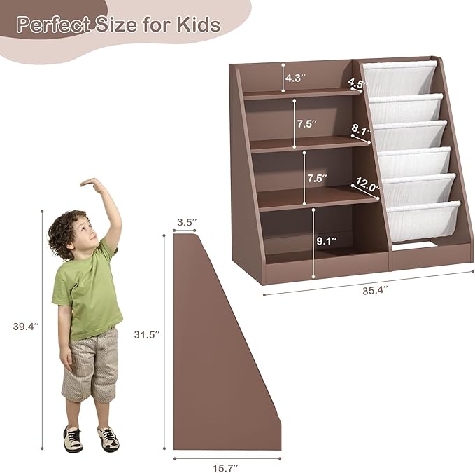 NACHES 4 Tier Kid Bookshelf Wooden 5 Sling Children Bookcase Toddler Montessori Bookcase Book Rack Display Toy Storage Organizer Book Display Shelf Stand Bedroom Nursery Playroom