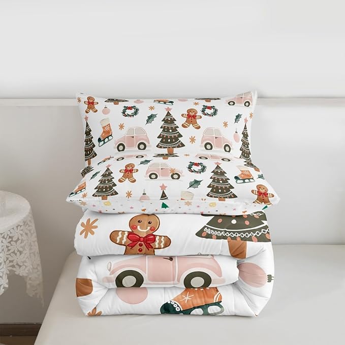 Feelyou Xmas Tree Car Comforter Set All Season Gingerbread Man Bedding Set with 2 Pillow Cases Garland Microfiber Kids Full Bedclothes Bedroom Decor Duvet Quilt Breathable Soft