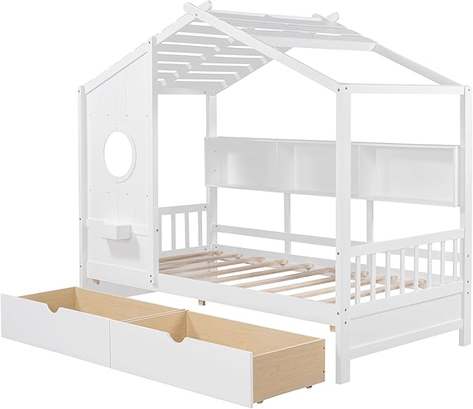Twin Size House Bed with Storage Drawers,Kids House Bed Frame with Shelves,Cute Wood House Bed Twin with Roof for Kids,Girls,Boys,White