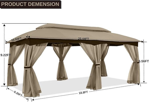 ABCCANOPY Outdoor Patio Gazebo 10x20 - Double Roof Canopy with Mosquito Netting for Backyard, Deck, Garden, Lawn, Khaki