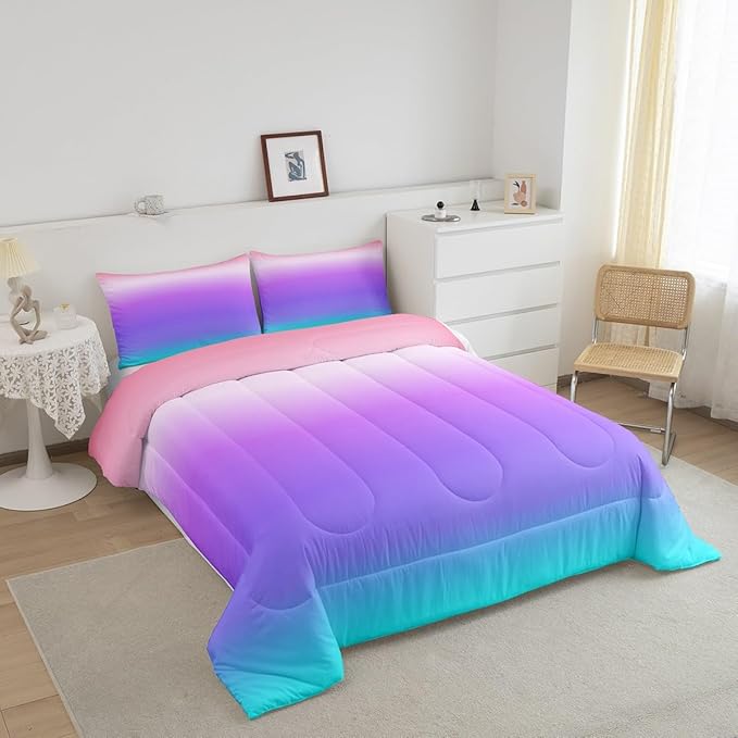Feelyou Pink Purple Blue Comforter Full Size, Rainbow Ombre Bedding Set Kids Toddler Colorful Gradient Comforter Set for Boys Girls Colorful Duvet Set Durable Bed Set 3Pcs