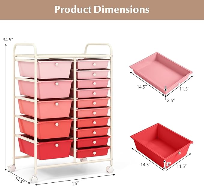 RELAX4LIFE 15-Drawer Storage Drawer Carts - Mobile Rolling Utility Cart w/Wheels, Craft Organizer for Classroom Organization and Storage, School, Office, Home, Storage Organizer Cart (Gradient Pink)