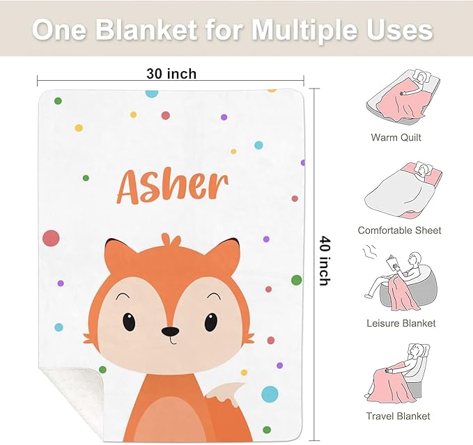 Cute Fox Personalized Receiving Sherpa Fleece Baby Blankets for Girls Boys Kids, Swaddle Blankets Gift for Newborn Crib Infants 30x40 Inches