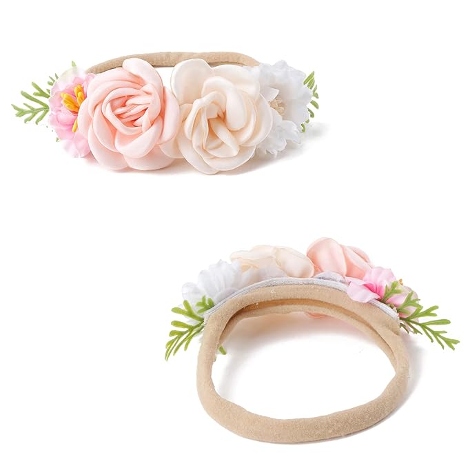 Baby Girl Nylon Headbands Flower Hair Bows Accessories-Elastic Hair Band Crown Handmade FLoral Wraps Birthday Gifts for Girls Newborn Infant Toddler 3Pcs