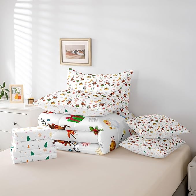 Christmas Kids Bed Set Cute Snowman Santa Claus Bed in a Bag Boys Girls Cute Reindeer Comforter Set with Sheets Christmas Bells Cartoon Design Bedding Set Bedroom Collection Full Size