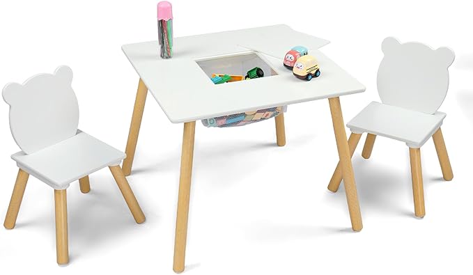 JOYMOR Kids Table and 2 Chairs Set with Storage & Removable Tabletop, Panda Ear Chairs, 3-in-1 Kids ActivityTable for Craft, Playroom Toddler Table and Chair Set for Kids 2-5