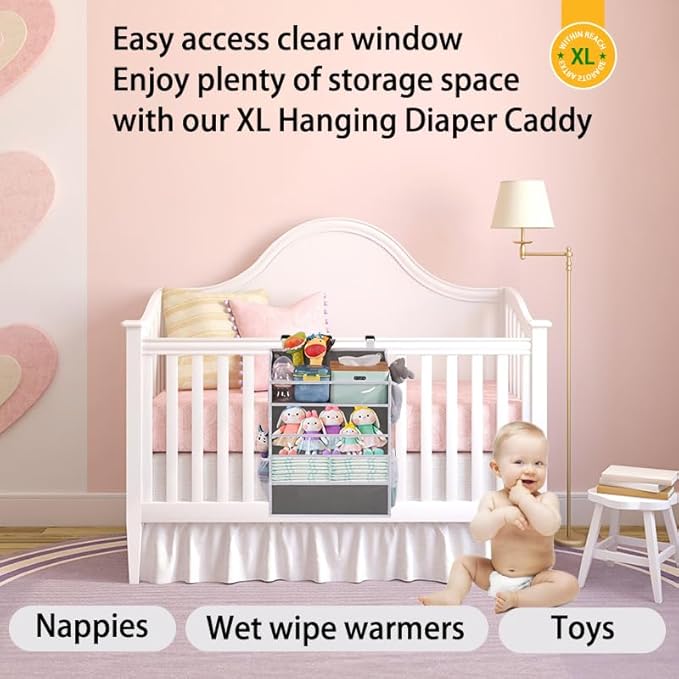 WishJazz XL Hanging Diaper Caddy Organizer for Changing Table, Crib, Playard, Wall & Door, Reinforced Diaper Stacker and Nursery Organizer-Hold 90+Diaper for Newborn Baby Essentials