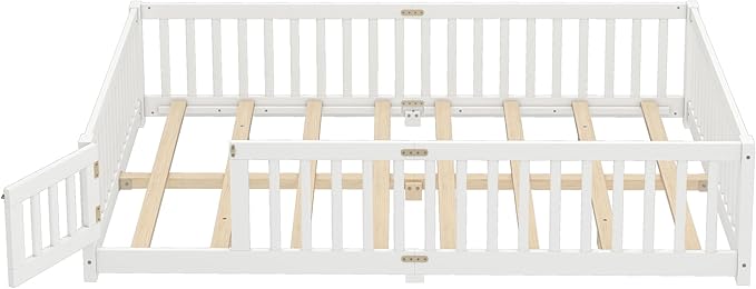 Bellemave Queen Size Floor Bed with Rails for Kids, Girls, Boys, Pine,Plywood Floor Bed with slats and Door, White