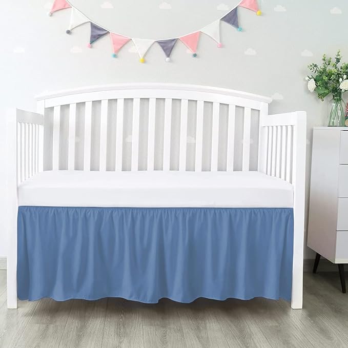 100% Egyptian Cotton, Nursery Crib Toddler (24" x 38" + 10") 800 Thread Count Crib Skirt Dust Ruffle, Bedding Skirts for Baby Boys or Girls, 10" Drop, Medium Blue Solid
