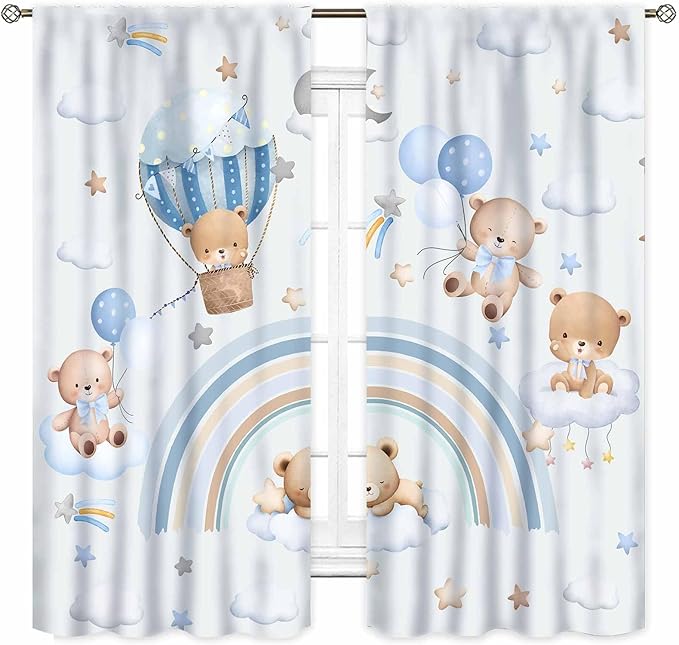 Bear Curtains for Kids Room, Baby Boys Girls Cute Lovely Bear Cloud Boho Rainbow Pastel Blue Window Drapery Treatments for Living Room Bedroom Nursey Toddler Classroom 2 Panels, 42"x45" Inch