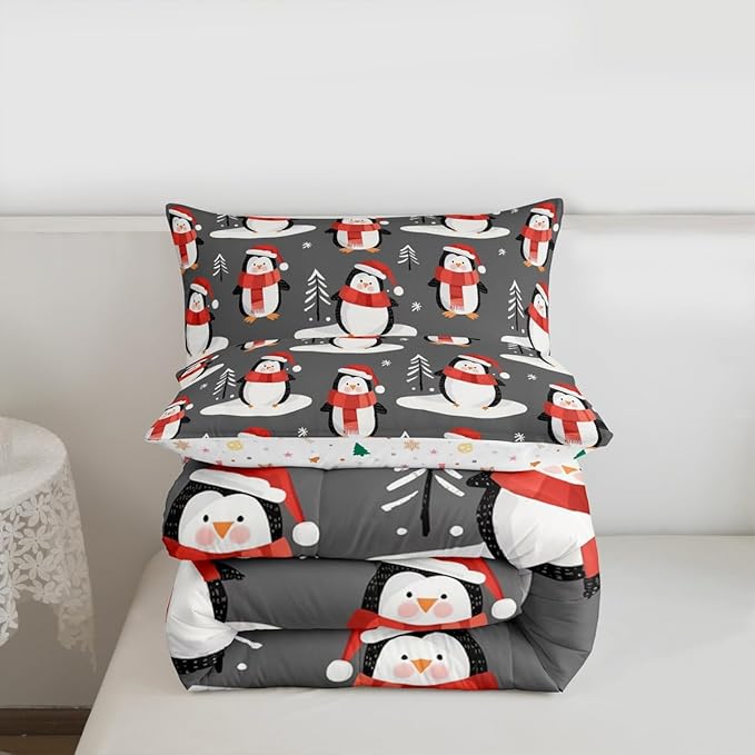 Feelyou Christmas Comforter Set All Season Penguin Bedding Set with 1 Pillow Cases Snowflake Microfiber Kids Twin Bedclothes Pine Tree Bedroom Decor Duvet Quilt Breathable Soft Lightweight