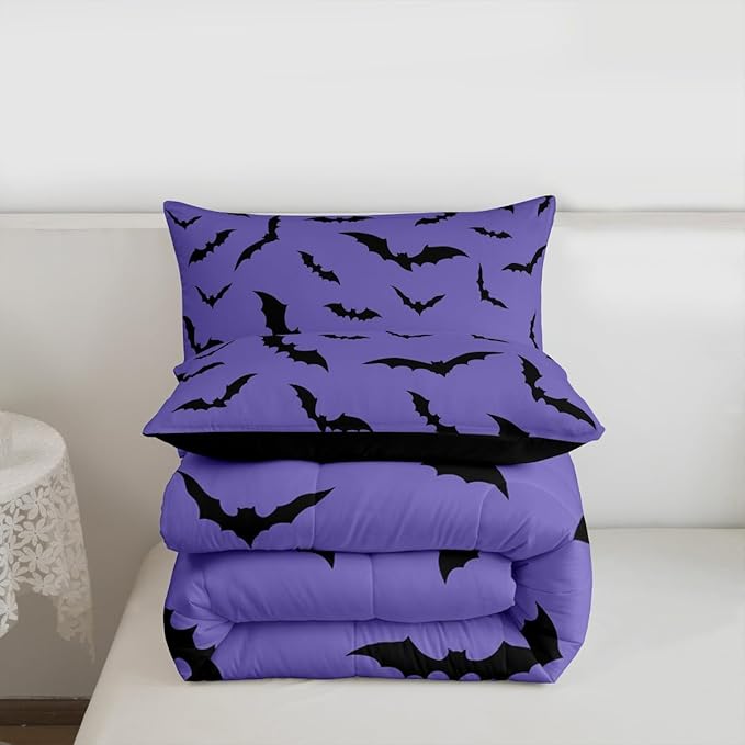 Purple Halloween Bedding Set Spooky Bats Comforter Set Toddler Size,Horror Halloween Decorations Quilt for Kids Boys Girls Adults Gothic Flying Bat Silhouette Duvet Insert,Goth Bedroom Decor