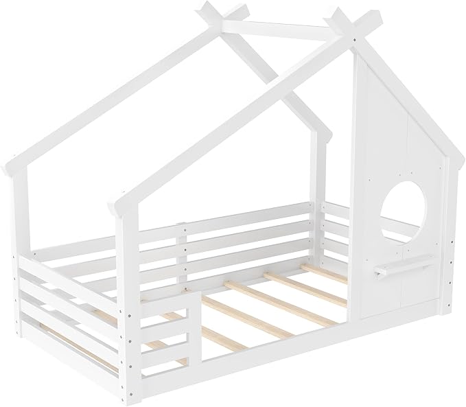 SOFTSEA Twin Size House Bed Frame, Kids Floor House Bed with Window and with Storage Shelf for Boys Girls, Wood Montessori Bed with Slats and Guardrails, White