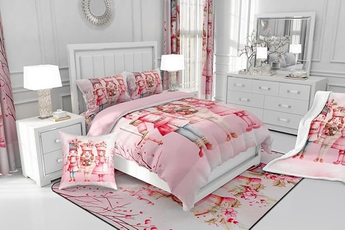 Feelyou Christmas Decor Nutcrackers Bedding Set Soft for Boys Girls, Pink Christmas Comforter Set Queen Size Pink Nutcrackers Duvet Quilt Berries Printed Room Decor Kawaii 3 Pcs with 2 Pillow Cases