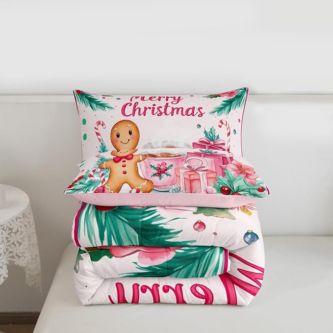 Feelyou Gingerbread Man Kids Comforter Set Queen Size Merry Christmas Bedding Set Christmas Decor Duvet Quilt for Kids Boys Girls Bedroom Xmas Decor Microfiber Ultra Soft Breathable