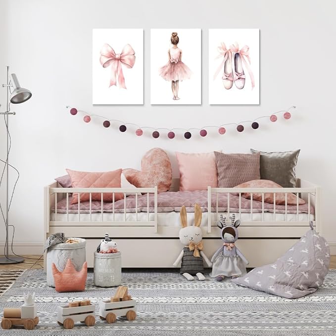 Set of 3 Baby Girl Pink Ballet Nursery Wall Art, Girl's Room Ballet Dancer Posters, Pink Bow Dancing Shoes, Girls Nursery Wall Decor, Toddlers Girl Bedroom Canvas Print, Framed 16"x24"