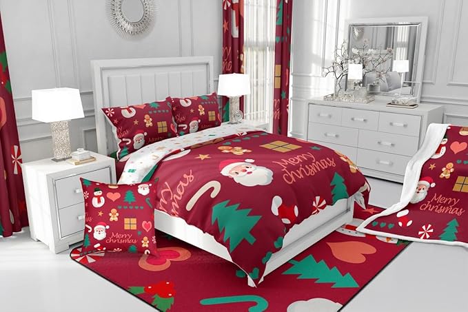 Feelyou Merry Christmas Comforter Set All Season Santa Claus Snowman Bedding Set with 2 Pillow Cases Gingerbread Man Microfiber Kids King Bedclothes Xmas Tree Deer Bedroom Decor Duvet Quilt Soft
