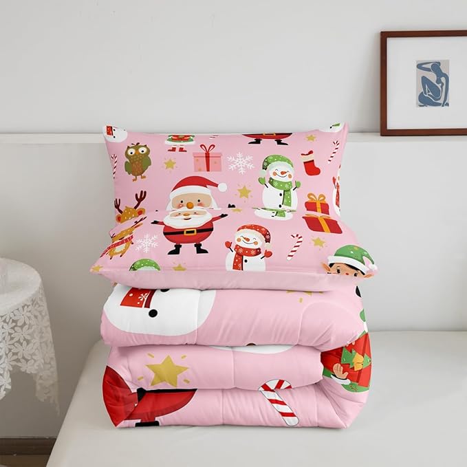 Erosebridal Merry Christmas Bedding Set for Kids Santa Claus Quilts Cute Cartoon Snowman Comforter Set Queen Size with 2 Pillow Cases Xmas Snowflake Duvet Insert,Pink