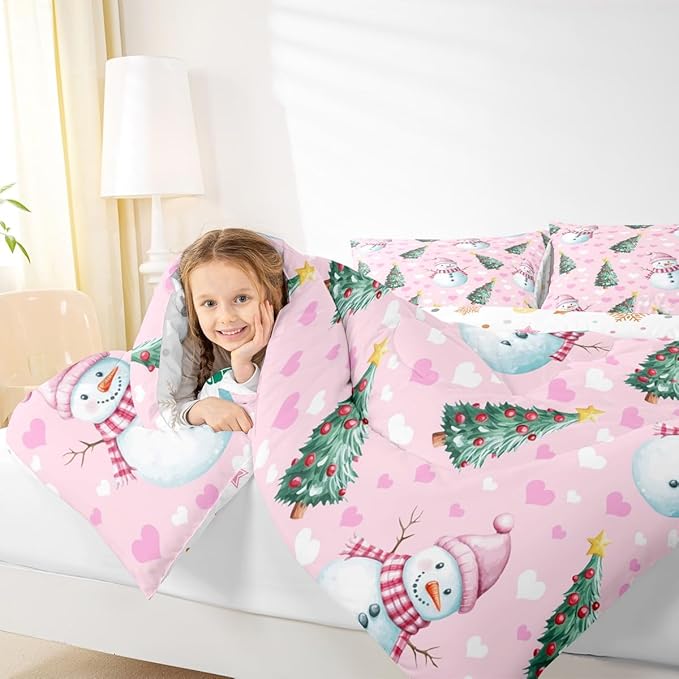 Feelyou Merry Christmas Comforter Set All Season Cute Snowman Bedding Set with 1 Pillow Cases Christmas Tree Microfiber Kids Toddler Bedclothes Love Hearts Duvet Quilt Breathable Soft Lightweight