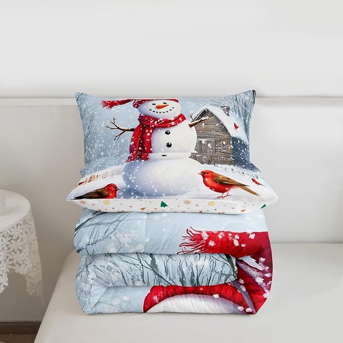 Feelyou Merry Christmas Comforter Set All Season Cute Snowman Bedding Set with 1 Pillow Cases Snowflake Microfiber Kids Toddler Bedclothes Winter Bedroom Decor Duvet Quilt Breathable Soft