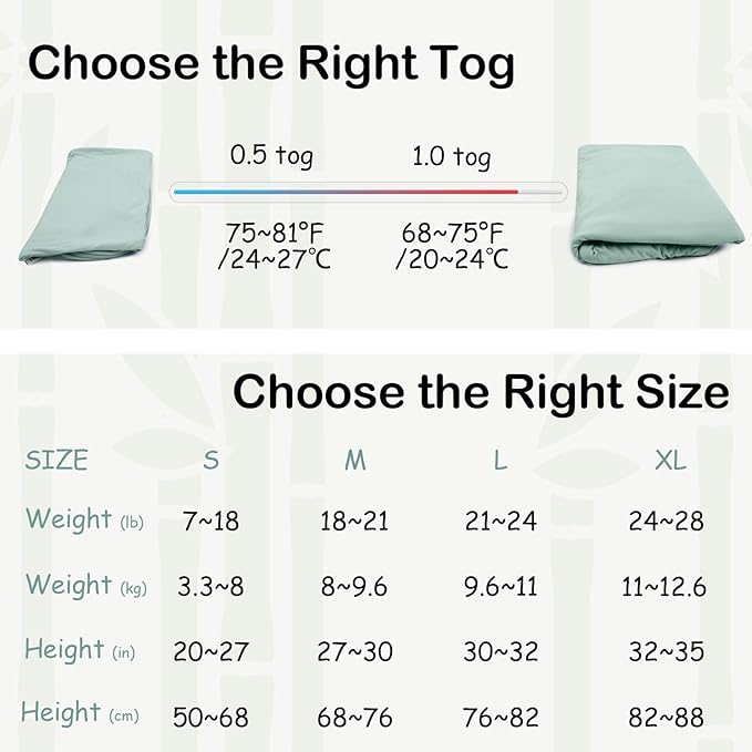 Supersoft Rayon Made from Bamboo Sleep Sack 12-18 Months 0.5 Tog Lightweight Toddler Sleep Sack Baby Wearable Blanket with 2-Way Zipper Summer Unisex Sleeping Bag for Babies - Green