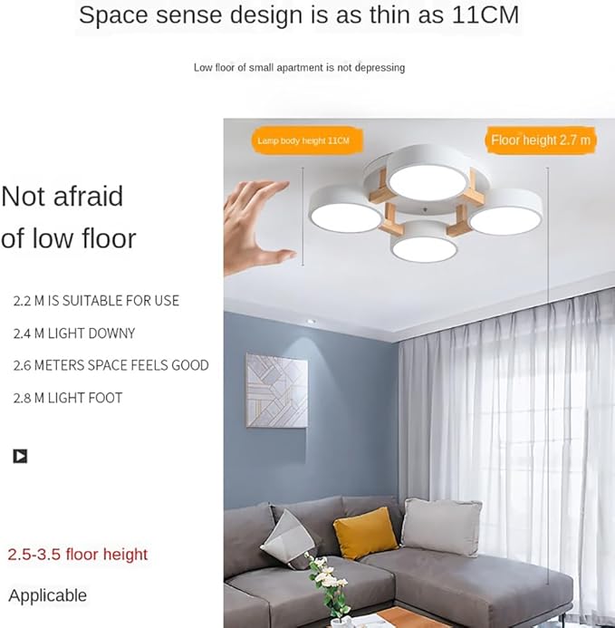 LED Flush Mount Ceiling Light Fixture with 3000K/4000K/6000K Temperatures Selectable,24Inch 44W Chandelier Modern Wood Ceiling Lamp for Bedroom Kitchen, 4-Lights Indoor Lighting White Pendant Light