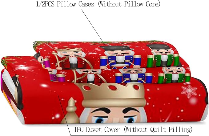 LUVIVIHOME 3PCS Christmas Nutcracker Duvet Cover Full Bedding Set, Teens Boys Girls Kids Bedding, Christmas Balls Snowflake Winter Holiday Festival Xmas Gifts Red Comforter Quilt Cover, 2 Pillow Shams