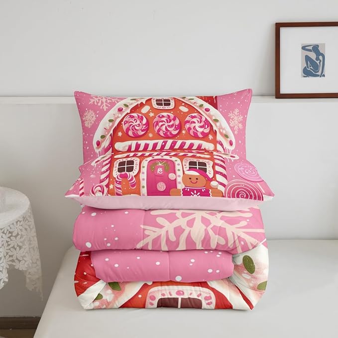 jejeloiu Kids Christmas Theme Comforter Set Twin Size Xmas Gingerbread Man Candy Cane House Bedding Set for Boys Girls Teens Hot Pink Winter Happy New Year Duvet Quilt Room Decor