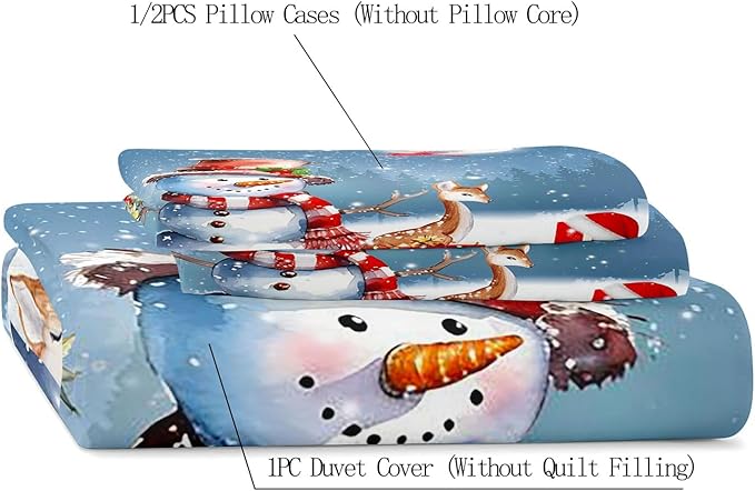 LUVIVIHOME 3PCS Cute Snowman Duvet Cover king Bedding Set, Christmas Bedding, Santa Claus Deer Cardinal Christmas Tree Winter Holiday New Year Xmas Gifts Christmas Comforter Quilt Cover 2 Pillow Shams