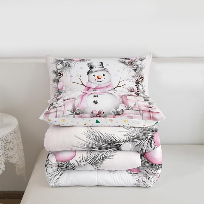 Feelyou Merry Christmas Comforter Set All Season Cute Snowman Bedding Set with 2 Pillow Cases Microfiber Kids Queen Bedclothes Snowflake Bedroom Decor Duvet Quilt Breathable Soft