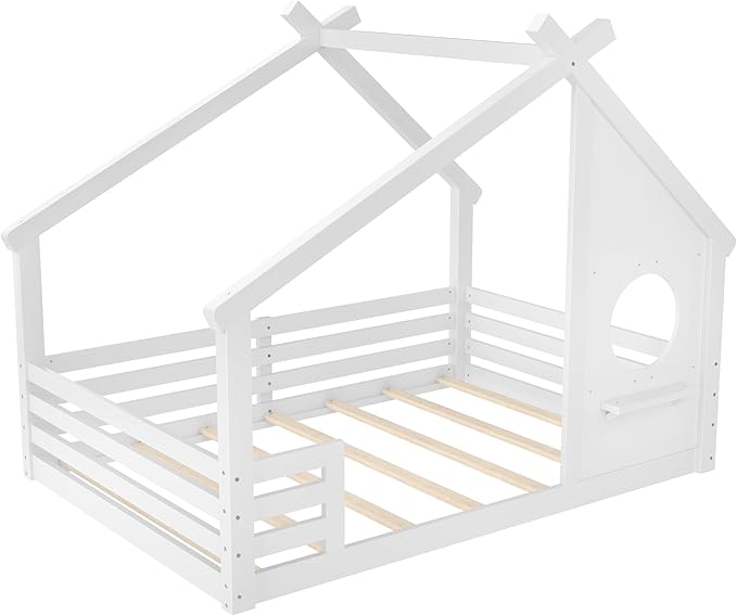SOFTSEA Full Size House Bed Frame with Roof, Kids Floor House Bed with Window and Storage Shelf for Boys Girls, Wood Montessori Bed with Roof and Guardrails, White