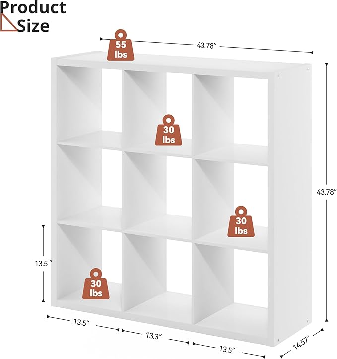 White 9 Cube Storage Organizer with Thickness Wooden Board, Wooden Nice Cube Storage Organizer, 9 White Cubbies Shelf for Bedroom, Living Room, Playroom, 14.6" × 43.8" × 43.8"