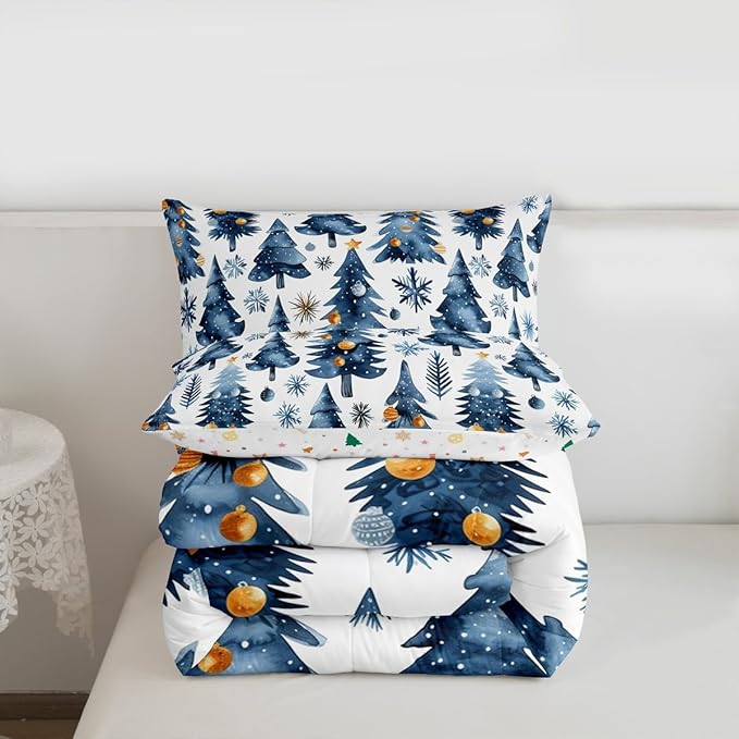 Feelyou Christmas Kids Comforter Set Queen Size Xmas Tree Bedding Set Snowflake Duvet Quilt for Kids Boys Girls Bedroom Watercolor Blue Decor Microfiber Ultra Soft Breathable