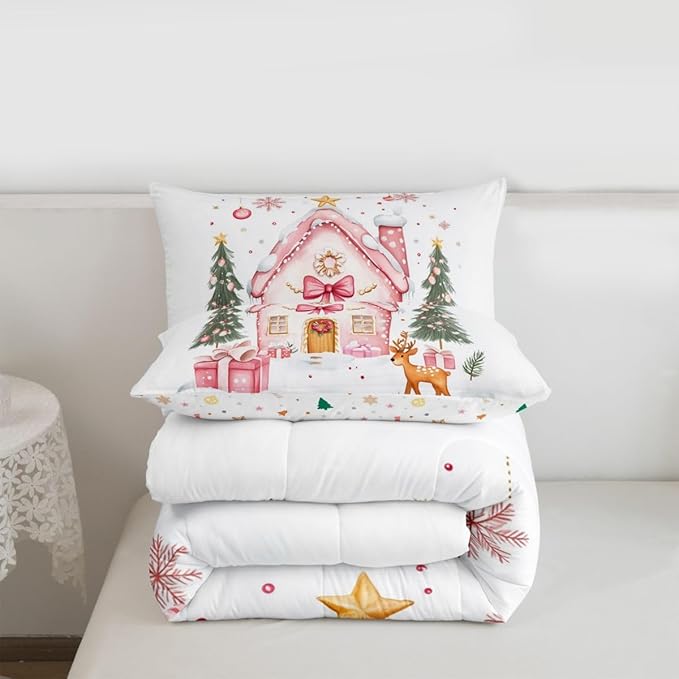 Feelyou Gingerbread House Bedding Set Soft for Boys Girls, Christmas Tree Comforter Set Queen Size Reindeer Duvet Quilt Microfiber Snowflake Bedroom Decor Holiday Scene 3 Pcs with 2 Pillow Cases