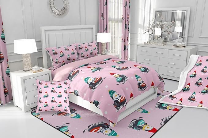 Feelyou Christmas Kids Comforter Set Twin Size Pink Penguin Bedding Set Cartoon Penguin Skiing Duvet Quilt for Kids Boys Girls Bedroom Snowflake Decor Microfiber Ultra Soft Breathable
