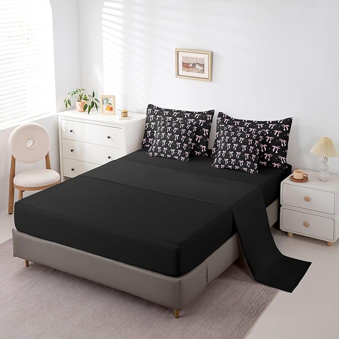 7 Pieces Pink Bowknot Kids Comforter King,Stars Watercolor Bow Tie Patchwork Bedding Set,Butterfly Knot Princess Black Noble Chic（Comforter+Fitted+Flat Sheet+2 Pillowcases+2 Throw Pillow Covers）