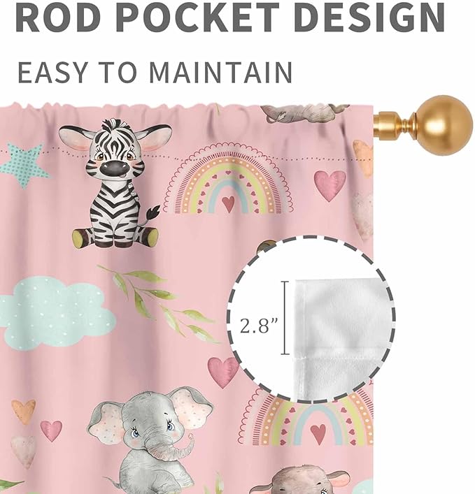 Kids Safari Animals Curtains, Cartoon Giraffe Elephant Monkey Woodland Jungle Pink Window Drapery Treatments for Boys Girls Baby Living Room Bedroom Nursery Classroom 2 Panels, 42"x54" Inch