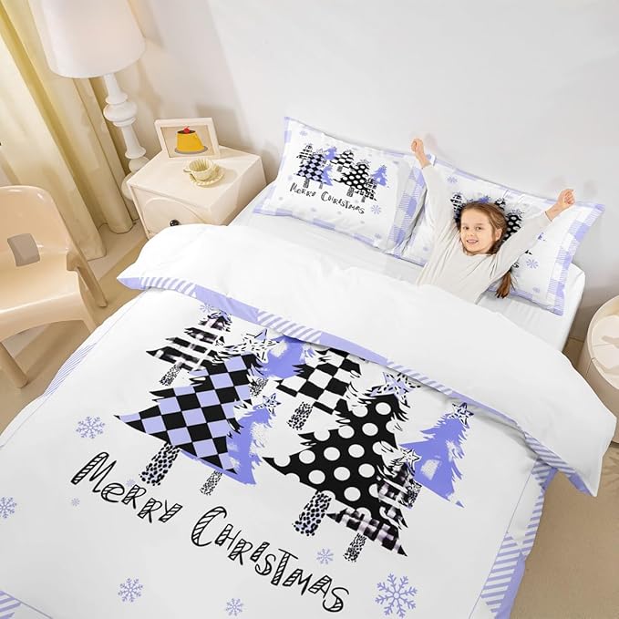 Manfei Xmas Trees Duvet Cover Set Full Size, Blue Plaid Grid Snowflake Bedding Set for Kids Girls Boys Room Decor, Christmas Theme Comforter Cover New Year Quilt Cover with 2 Pillowcases, No Comforter