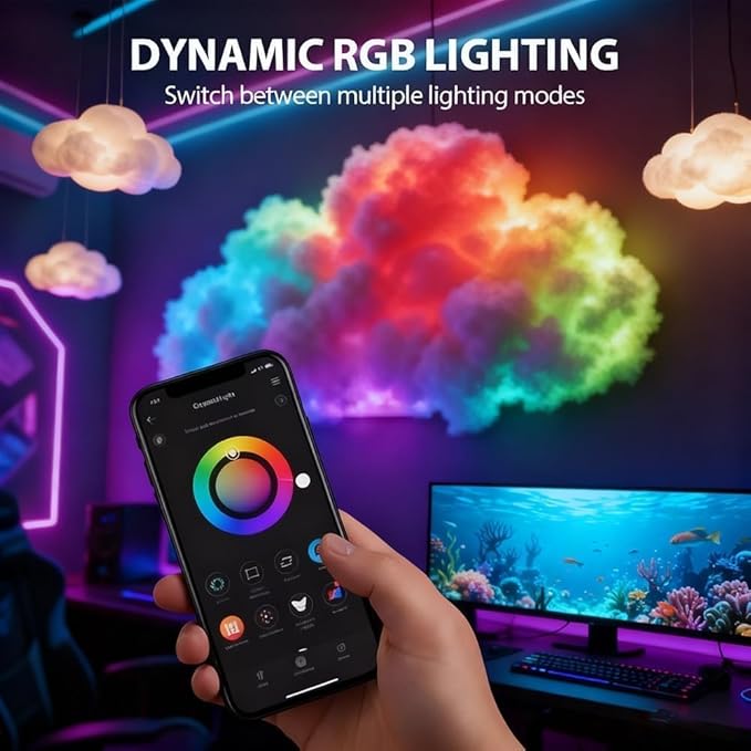 LED Cloud Light with Music Rhythm,DIY USB-Powered Thundercloud LED Light Decor for Bedroom & Gaming Room - USB Powered,Vibrant Glow, No Drill Roof for Christmas/New Year Gifts (13.1ft)