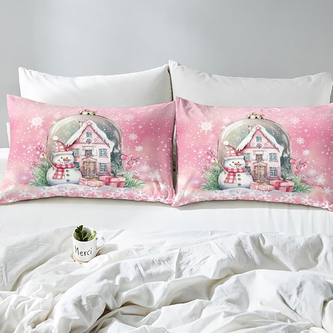 Manfei Christmas Duvet Cover Set Twin Size, Pink Castle and Snowman Print Bedding Set 2pcs for Kids Girls Teens Bedroom Decor, New Year Snowflake Print Comforter Cover with 1 Pillowcase,No Comforter