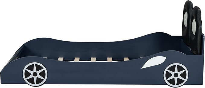 Harper & Bright Designs Wood Twin Size Race Car-Shaped Platform Bed with LED and Upholstered Backrest, Blue