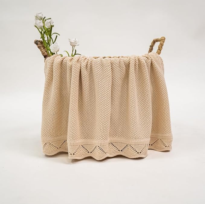 Baby Knit Blanket Soft Breathable Cotton Scallop Border Blankets Newborn Knitted Blanket Swaddle Blankets Gifts for Baby Newborn Toddler Shower Boy Girl New Mom Birthday Christmas Beige 28x36