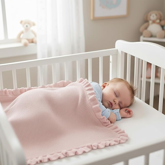 Cotton Baby Blanket with Ruffle Edge Soft Breathable Newborn Blanket for Boys & Girls, Lightweight Knit Throw for Crib, Stroller & Nursery Multiple Colors Available Red 30x40