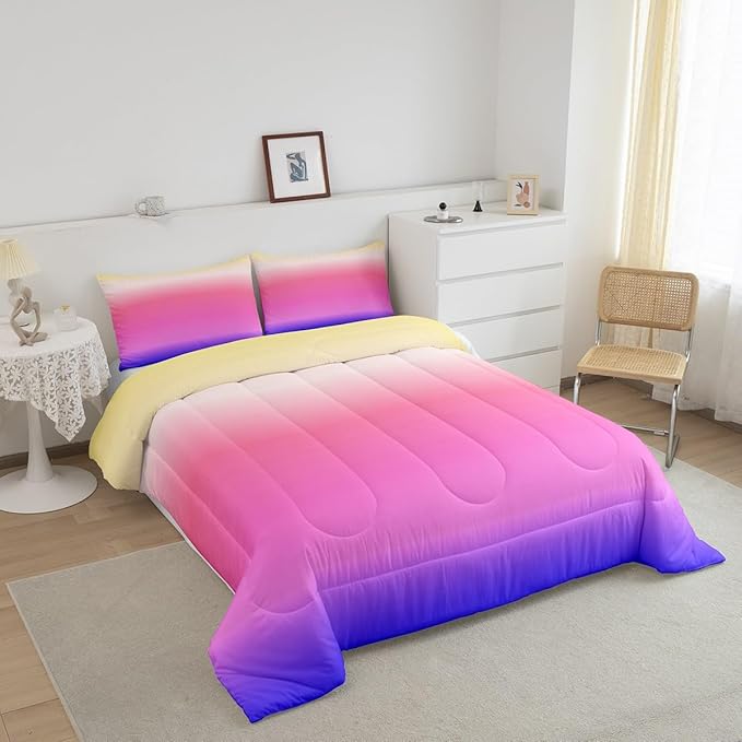 Feelyou Ombre Comforter Twin, Pink Purple Ombre Comforter Set for Boys Girls Rainbow Gradient Duvet Set 2Pcs
