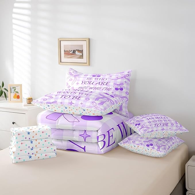7 Pieces Purple Bowknot Comforter Set King,Cherry Stars Daisy Flowers Romantic Bedding Set,Bow Tie Geometric Plaid Patchwork Dreamy（Comforter+Fitted+Flat Sheet+2 Pillowcases+2 Throw Pillow Covers）