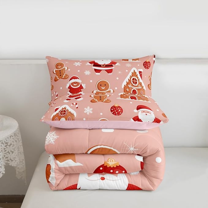 Feelyou Christmas Kids Comforter Set Queen Size Santa Bedding Set Gingerbread Man Duvet Quilt for Kids Boys Girls Bedroom Snowflake Decor Microfiber Ultra Soft Breathable