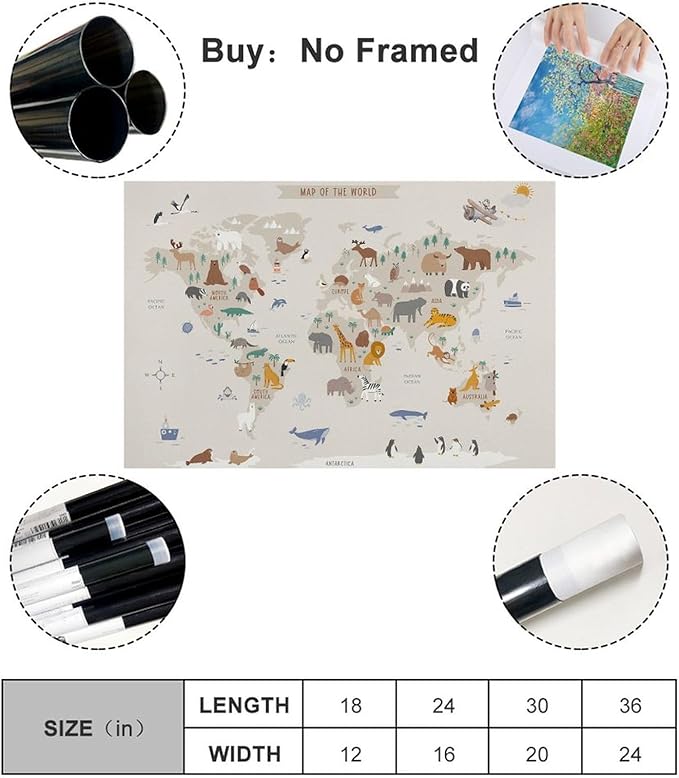 KIPNG Kids World Map - Playroom Animal World Map - Nursery Educational Poster Canvas Poster Bedroom Sports Landscape Office Room Gift Unframe-style20x30inch(50x75cm)